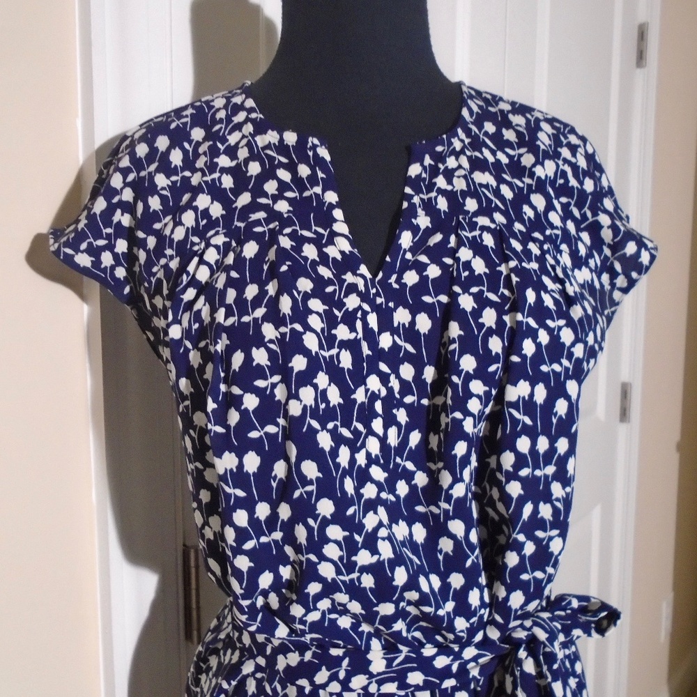 TALBOTS Navy Floral Print Sash Shift Dress 4P